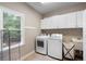 Functional laundry room with washer, dryer, utility sink, storage cabinets, and a window at 206 Kingsley Way, Woodstock, GA 30188