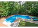 Backyard pool with diving board and lounge chairs surrounded by mature trees at 206 Kingsley Way, Woodstock, GA 30188