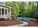 Backyard pool surrounded by manicured landscaping and mature trees at 206 Kingsley Way, Woodstock, GA 30188