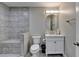 Bathroom featuring tiled walk-in shower, gray walls, and vanity with white cabinets at 5770 Bridleton Xing, Suwanee, GA 30024