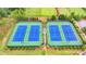 Aerial view of two well-maintained tennis courts in a landscaped setting surrounded by trees and manicured lawns at 5770 Bridleton Xing, Suwanee, GA 30024