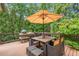 Outdoor dining area on a wooden deck, perfect for entertaining in the private, wooded yard at 5605 Copper Creek Pass, Cumming, GA 30040