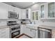 Renovated kitchen with white cabinets, stainless steel appliances and a farmhouse sink at 1100 Carrington Pkwy, Villa Rica, GA 30180