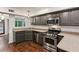 Well-lit kitchen featuring stainless steel appliances and gray cabinets with modern backsplash at 101 Swanton Hill Ct, Decatur, GA 30030