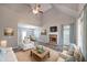 Bright living room features a stone fireplace, vaulted ceilings, and ample seating, enhanced by natural light from large windows at 36 Laurel Ne Way, White, GA 30184