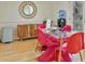 Modern dining room featuring pink tulip chairs, glass table and stylish decor at 212 Abingdon Way, Atlanta, GA 30328
