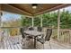 A covered outdoor dining area with a ceiling fan overlooks the trees at 1870 Marcia Overlook Dr, Cumming, GA 30041