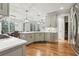 Modern kitchen with gray cabinets, stainless steel appliances, and open to dining area at 1870 Marcia Overlook Dr, Cumming, GA 30041