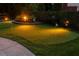 Backyard putting green with night lighting, flags, manicured border, and professional-grade synthetic turf for putting practice at 360 Spindle Ct, Sandy Springs, GA 30350