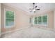 Spacious main bedroom features tray ceilings, a ceiling fan, and multiple windows for plenty of natural light at 223 Falling Water Way, Woodstock, GA 30188