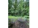 Backyard area with green metal table and chairs surrounded by lush trees at 425 Rockingham Ln, Woodstock, GA 30189