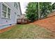 Backyard featuring a wood deck, wood fence, and a sloped yard covered with pine straw and grass at 2956 Silver Hill Se Ter, Atlanta, GA 30316