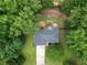 Overhead view showing backyard deck, firepit area and a home with a driveway and lush greenery at 262 Devynwood Ln, Dallas, GA 30157