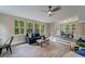Bright living room featuring hardwood floors, large windows, and a comfortable blue sofa at 1329 Hidden Hills Pkwy, Stone Mountain, GA 30088