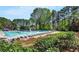 Community pool surrounded by lush landscaping, sun loungers, and umbrellas for relaxation and social gatherings at 107 W Point Trl, Woodstock, GA 30189
