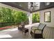 Covered deck with ceiling fan offers a cozy outdoor seating area with views of the wooded backyard at 4091 Oak Forest Drive Ne, Brookhaven, GA 30319