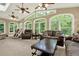 Sunroom with vaulted ceilings, fan, and oversized windows offering view of the surrounding greenery at 4995 Aviary Nw Dr, Acworth, GA 30101