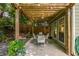 Covered patio area with wood support beams, string lights and outdoor seating with wooded views at 1100 Ashbury Dr, Decatur, GA 30030