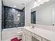 Bathroom featuring geometric shower tile, white vanity, and modern fixtures at 2121 Harmony Dr, Canton, GA 30115