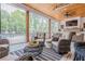 Relaxing screened porch with multiple seating areas and views of the pool and backyard at 6301 New Bethany Rd, Buford, GA 30518
