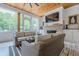 Cozy sunroom featuring a fireplace, comfortable furniture, and screened in windows at 6301 New Bethany Rd, Buford, GA 30518
