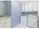 Bright laundry room featuring white appliances, blue wallpaper, and upper cabinets at 9595 Rod Rd, Alpharetta, GA 30022