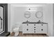 Modern bathroom featuring dual sinks, black countertops, and tiled floors at 4990 Sawgrass Nw Pl, Acworth, GA 30102