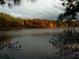 Picturesque lake view surrounded by vibrant trees with colorful autumn foliage under a partly cloudy sky at 1703 W Nancy Creek Ne Dr, Brookhaven, GA 30319