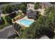 Aerial view of the community pool, surrounding trees, and neighborhood at 3542 Chattahoochee Summit Se Ln, Atlanta, GA 30339