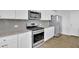 Close-up of a modern kitchen with stainless steel appliances, granite countertops, and sleek white cabinetry at 3455 Jasmine Sw Way, Atlanta, GA 30331