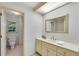 Bright bathroom with a single sink vanity, large mirror and a view into an adjacent toilet room at 3915 Woolbridge Way, Marietta, GA 30062