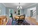 This dining room features blue walls, detailed molding, and a round table, perfect for gathering and enjoying Gathering meals at 3915 Woolbridge Way, Marietta, GA 30062