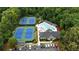 Aerial view of community with tennis courts, pool, and clubhouse surrounded by lush trees at 793 Fairington Pl, Lawrenceville, GA 30044