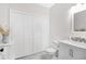 Bright bathroom features modern white vanity, neutral tile backsplash, and closet storage at 350 Westchester Way, Canton, GA 30115