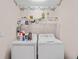 Functional laundry room with a washer, dryer, upper shelf, and various cleaning supplies at 3032 Montclair Se Cir, Smyrna, GA 30080