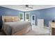Bedroom with blue walls featuring two large windows, a ceiling fan, and modern furnishings at 657 Polk Nw St, Marietta, GA 30064