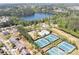 Aerial view of neighborhood amenities including pool, tennis courts, and lake at 702 Crescent Cir, Canton, GA 30115