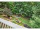 Aerial view of a beautifully landscaped backyard with fire pit and lush greenery at 702 Crescent Cir, Canton, GA 30115