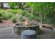 Outdoor fire pit area in backyard with stone surround and seating at 702 Crescent Cir, Canton, GA 30115