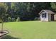 A spacious backyard featuring a well-maintained lawn and a storage shed for outdoor equipment at 4687 Riley Run Ct, Sugar Hill, GA 30518