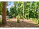 Secluded backyard with mature trees, inviting seating area, and plenty of space for outdoor enjoyment at 4259 Kings Troop Rd, Stone Mountain, GA 30083