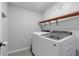 Clean laundry room featuring modern washer and dryer units, a shelf, and clean white walls at 2048 Mcafee Rd, Decatur, GA 30032
