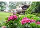 Charming home exterior featuring a lush garden with pink hydrangeas and a spacious wooden deck at 4366 Cedar Wood Sw Dr, Lilburn, GA 30047