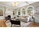 Cozy living room features a fireplace, hardwood floors, many windows and modern furniture at 1195 Cameron Ct, Atlanta, GA 30306