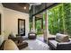 Stylish covered patio with comfortable seating, ceiling fan, and serene backyard view at 306 Pinecrest Ne Rd, Atlanta, GA 30342