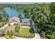 This aerial view showcases a well-manicured lawn near a lake, surrounded by lush greenery at 3441 Shoreland Dr, Buford, GA 30518