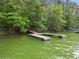 View of a wooden dock on the lake, providing a scenic waterfront experience and access to water activities at 609 Redwood Drive Dr, Woodstock, GA 30189