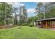 Spacious backyard with a fire pit area, bordered by mature trees and a wooden fence for added privacy at 3356 Thornewood Dr, Atlanta, GA 30340
