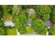 Aerial view of house situated among mature trees; shows driveway and backyard at 2045 Sherwood Se Dr, Marietta, GA 30067