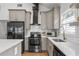 A modern kitchen featuring stainless steel appliances, subway tile backsplash and gray cabinets at 1564 Belva Ave, Decatur, GA 30032
